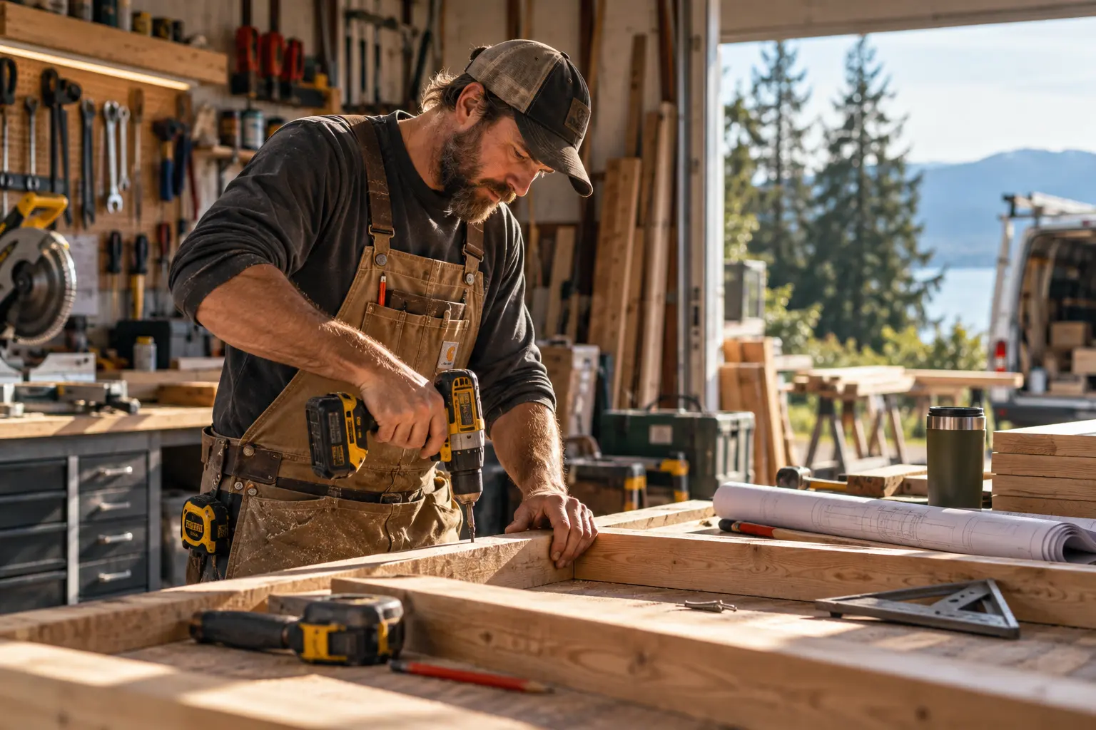 A carpenter drilling a timber frame in a workshop, with drawings on the bench.