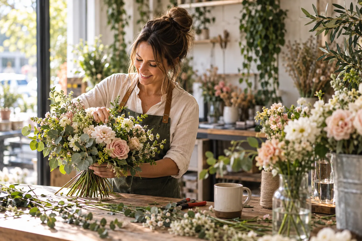 A florist arranging a bouquet at a sunlit workbench.