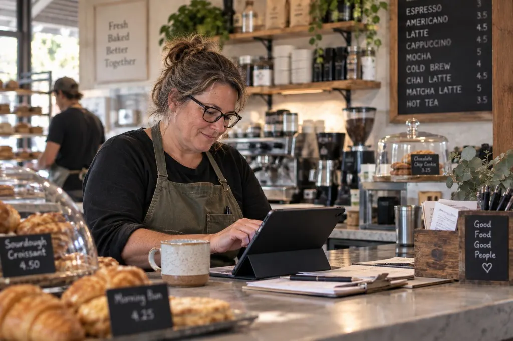 Small café owner using a tablet while working behind the counter.