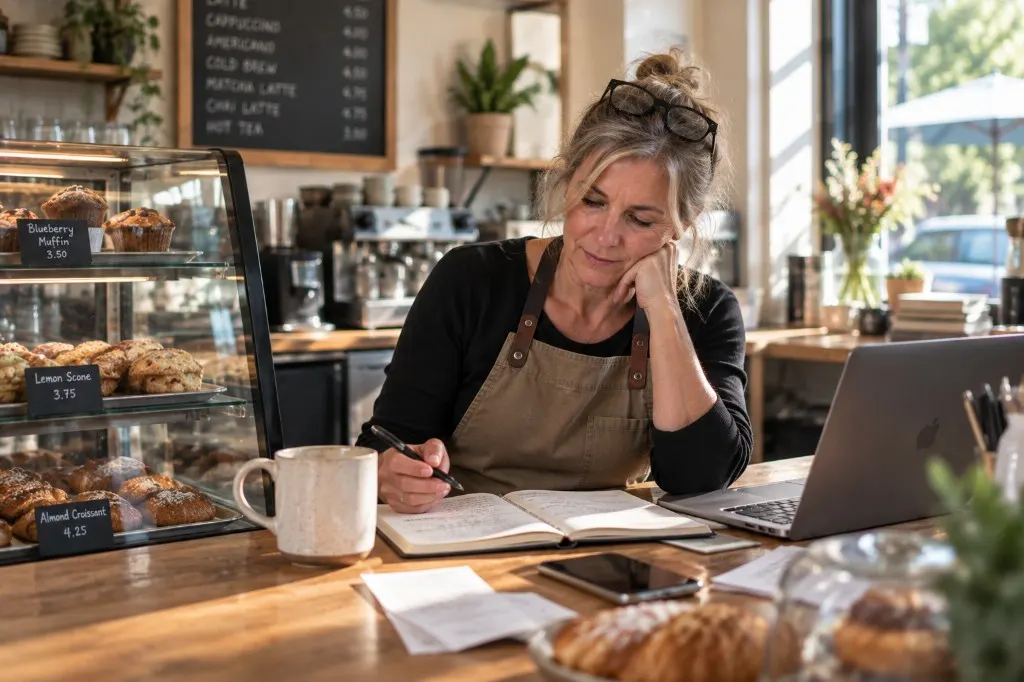 Small bakery owner reviewing her business notes at the café counter.