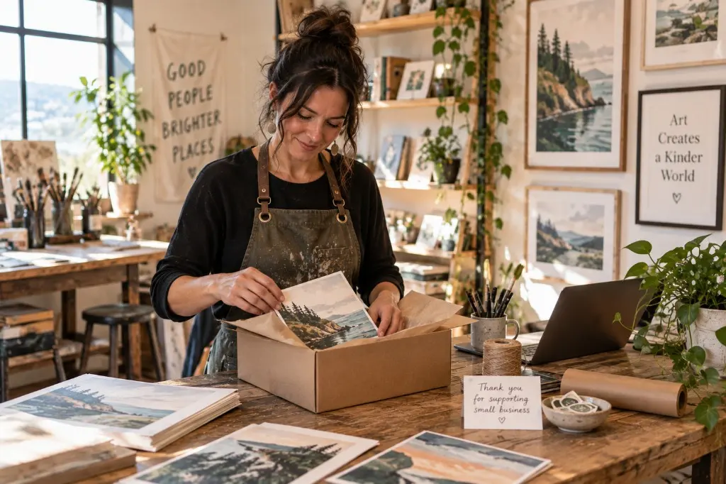 A maker packing a landscape print at a studio worktable.