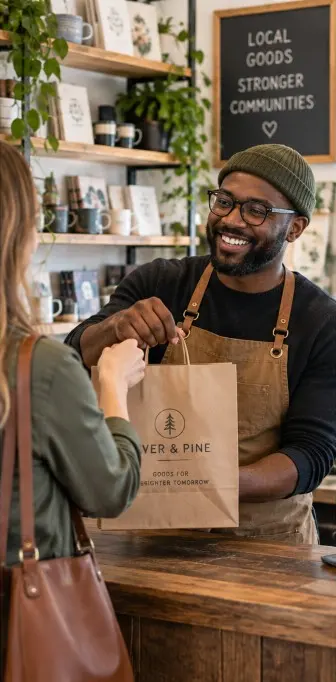 A shopkeeper handing a customer a paper bag across a wooden counter.