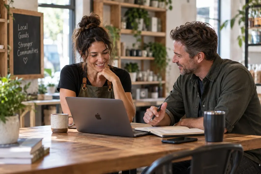 Small-business owner discussing ideas with another person at a table.