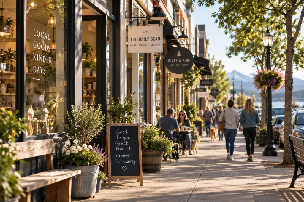 People walking among independent shops and cafés on a neighborhood business street.