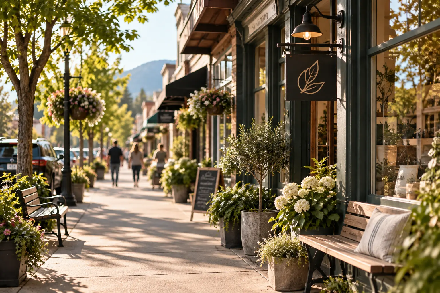 A quiet main-street storefront with planters, a bench, and a leaf-mark hanging sign.