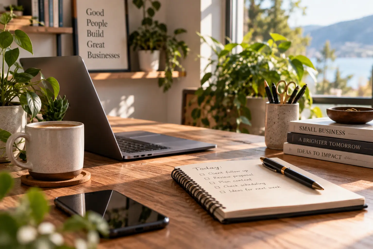 A sunlit small-business desk with a notebook, coffee, and laptop.